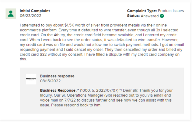 Provident Metals complaints on BBB