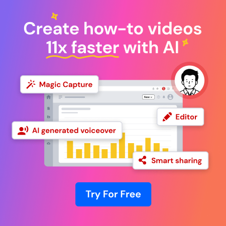 The image is an advertisement promoting the use of AI to create how-to videos 11x faster. The design features a vibrant gradient background, with the following key elements highlighted: 1. **Headline**: "Create how-to videos 11x faster with AI" 2. **Key Features**: - **Magic Capture**: Suggests an AI-driven tool that can capture processes efficiently. - **AI-generated voiceover**: Indicates automatic voiceover creation for videos. - **Editor**: Refers to an AI-powered video editing tool. - **Smart Sharing**: Implies easy sharing options for the created videos. At the bottom, a blue button says "Try For Free," suggesting a free trial of the product. This content is ideal for companies or creators looking for tools to streamline video creation processes using AI.