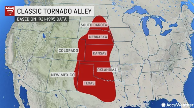 A map showing the states that are part of the Tornado Alley. 