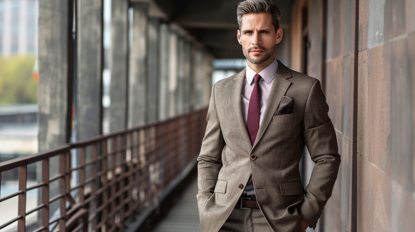 A man of average build wearing a classic fit suit, comfortable and timeless style with room in chest and legs, ideal for traditional workplaces or formal occasions, warm tones, relaxed but confident pose