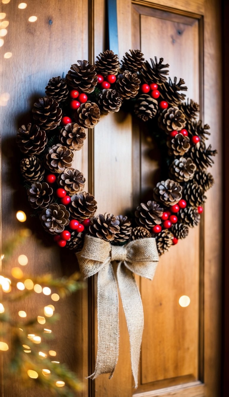 A rustic pinecone wreath hanging on a wooden door, adorned with red berries and a burlap bow