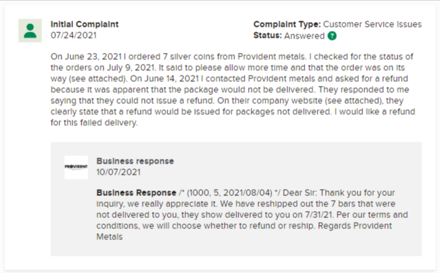 Provident Metals BBB complaint