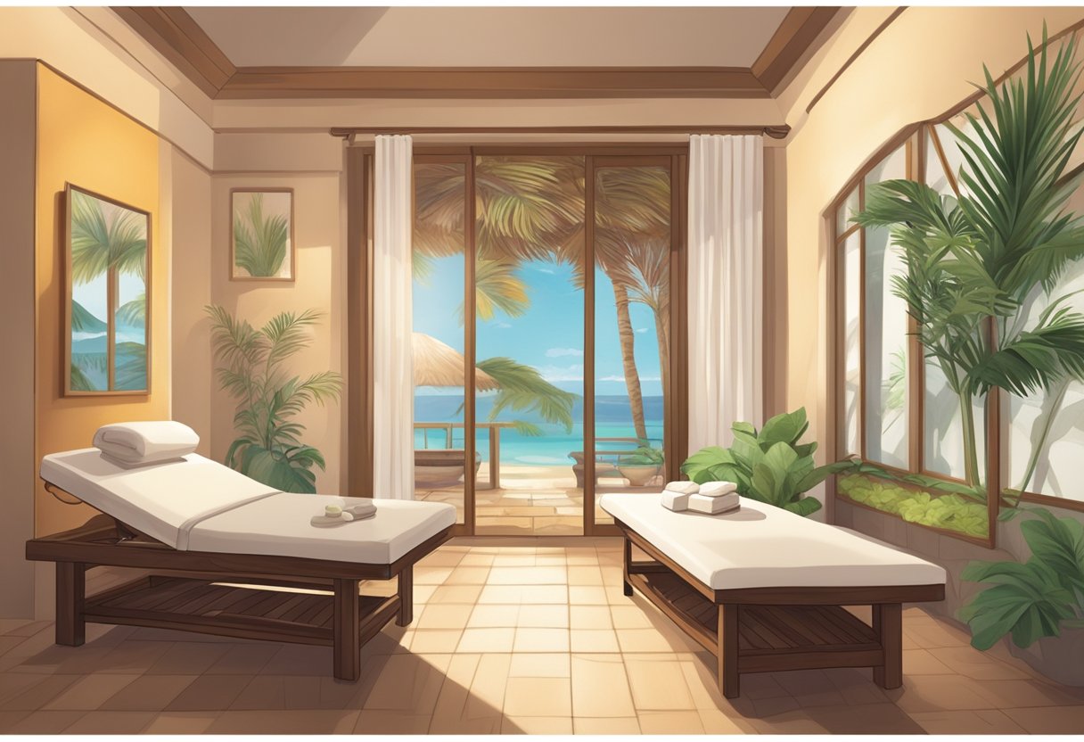 A serene spa room with a massage table, soothing lighting, and tropical decor. A skilled therapist administers a cooling treatment to a relaxed client