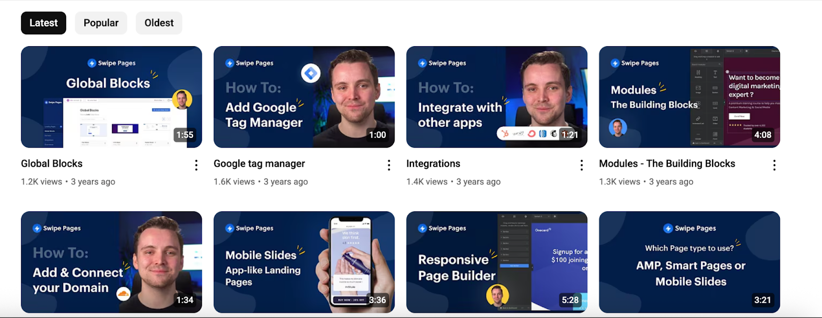 Screenshot of Swipe Pages' YouTube channel
