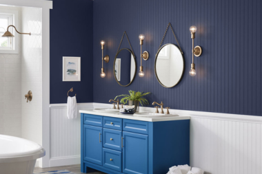 top paint color ideas for your bathroom remodel sherwin williams dark shade on shiplap walls with vanity custom built michigan