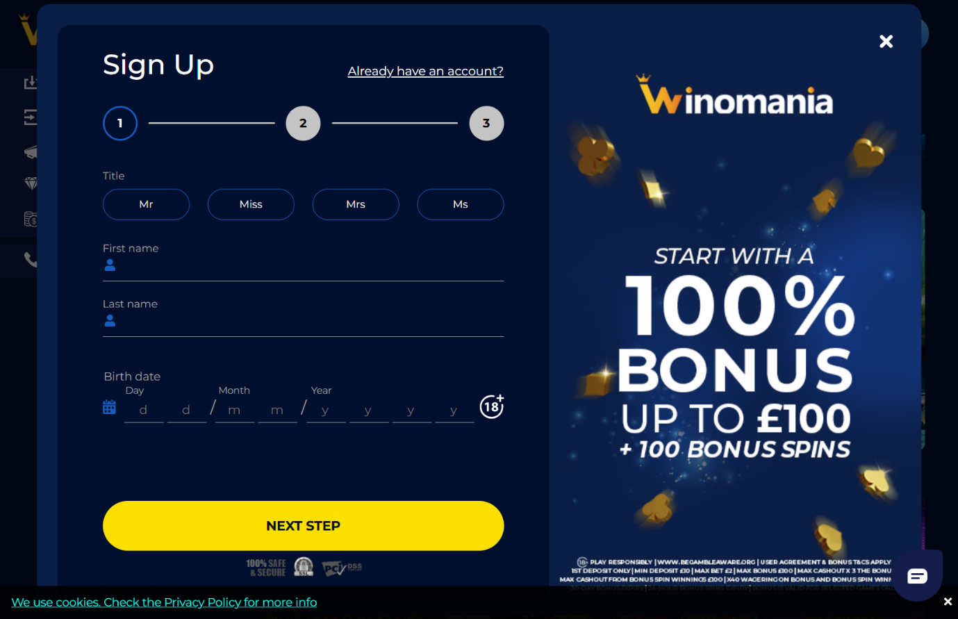 WInomania sign up - step one