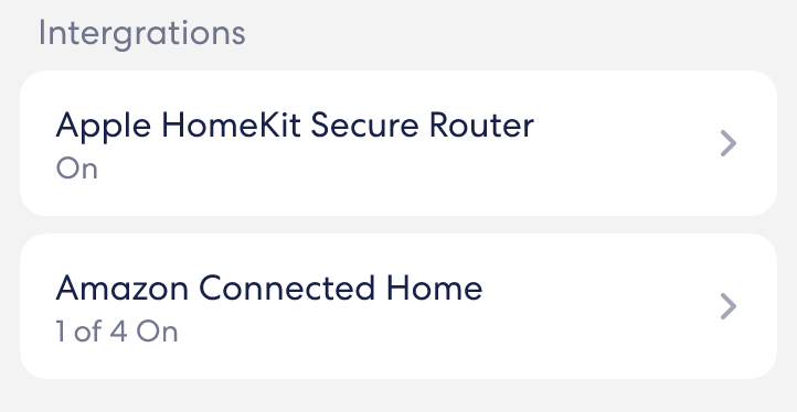 Image de la section « Intégrations » du menu « Paramètres réseau ». Elle propose des options pour Apple HomeKit Secure Router et Amazon Connected Home.