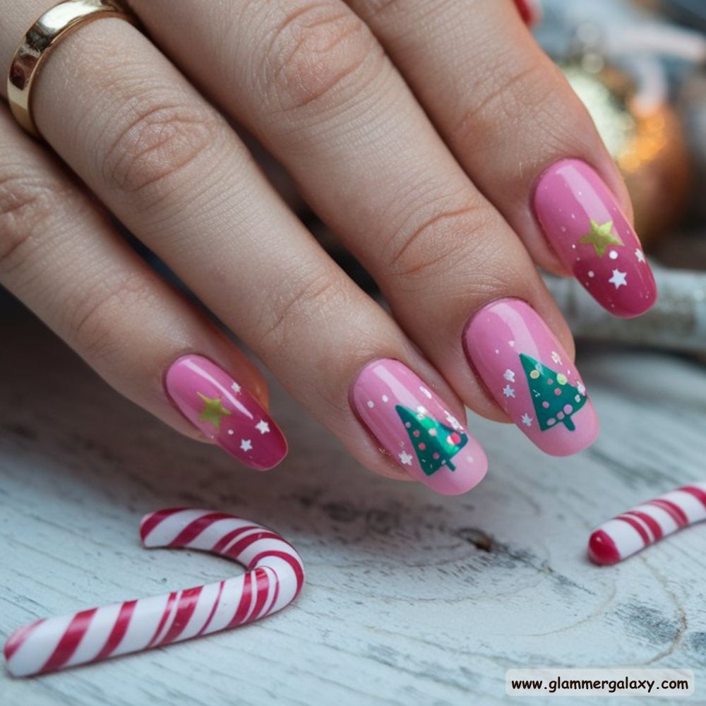 Pink Christmas Nails having Airbrushed Pink Nail Designs
