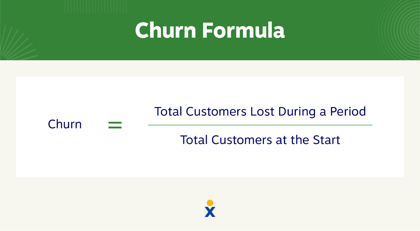 The formula customer churn, which divides total customers lost during a period by total customers at the start.
