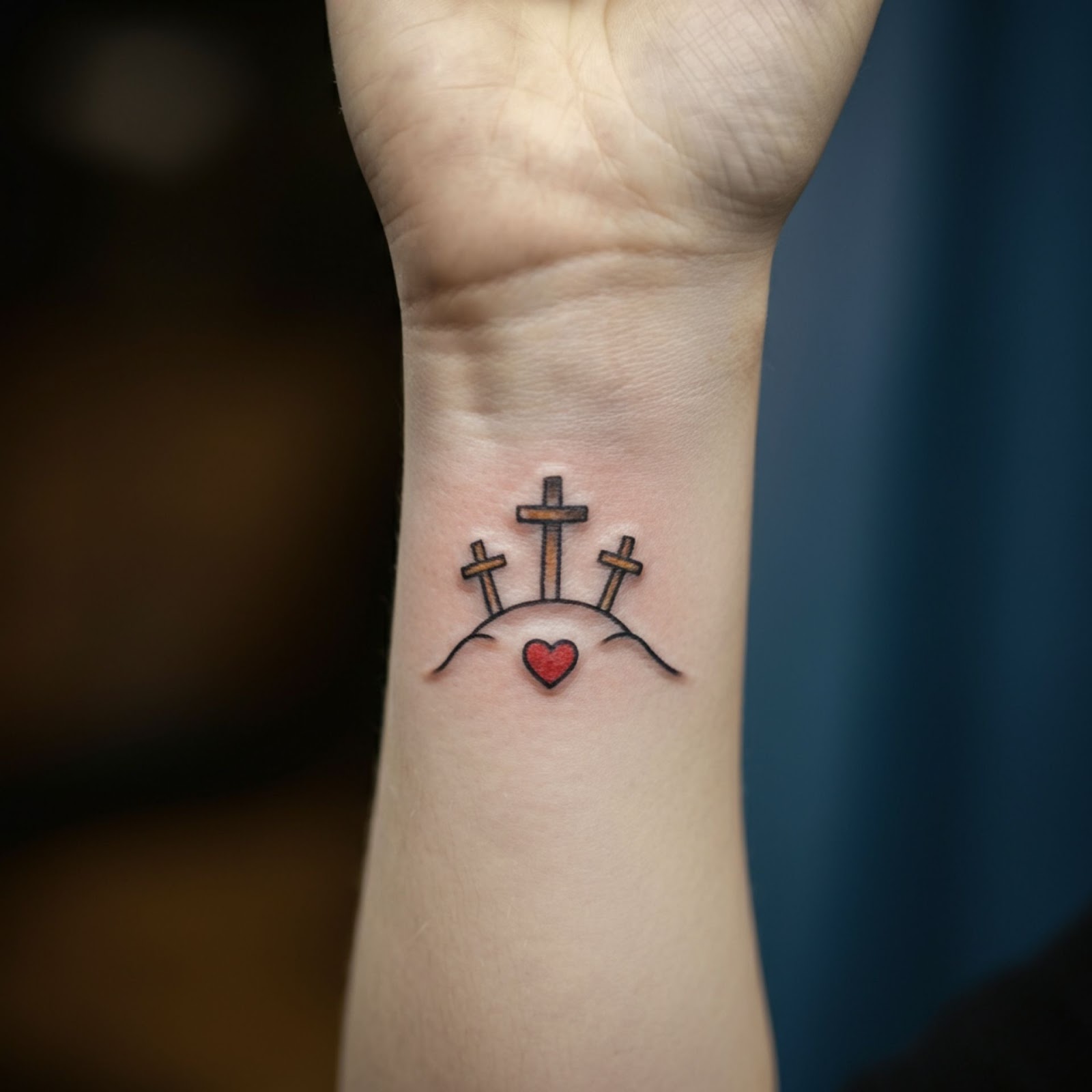 Three Crosses on a Hill with a Heart Symbol Tattoo