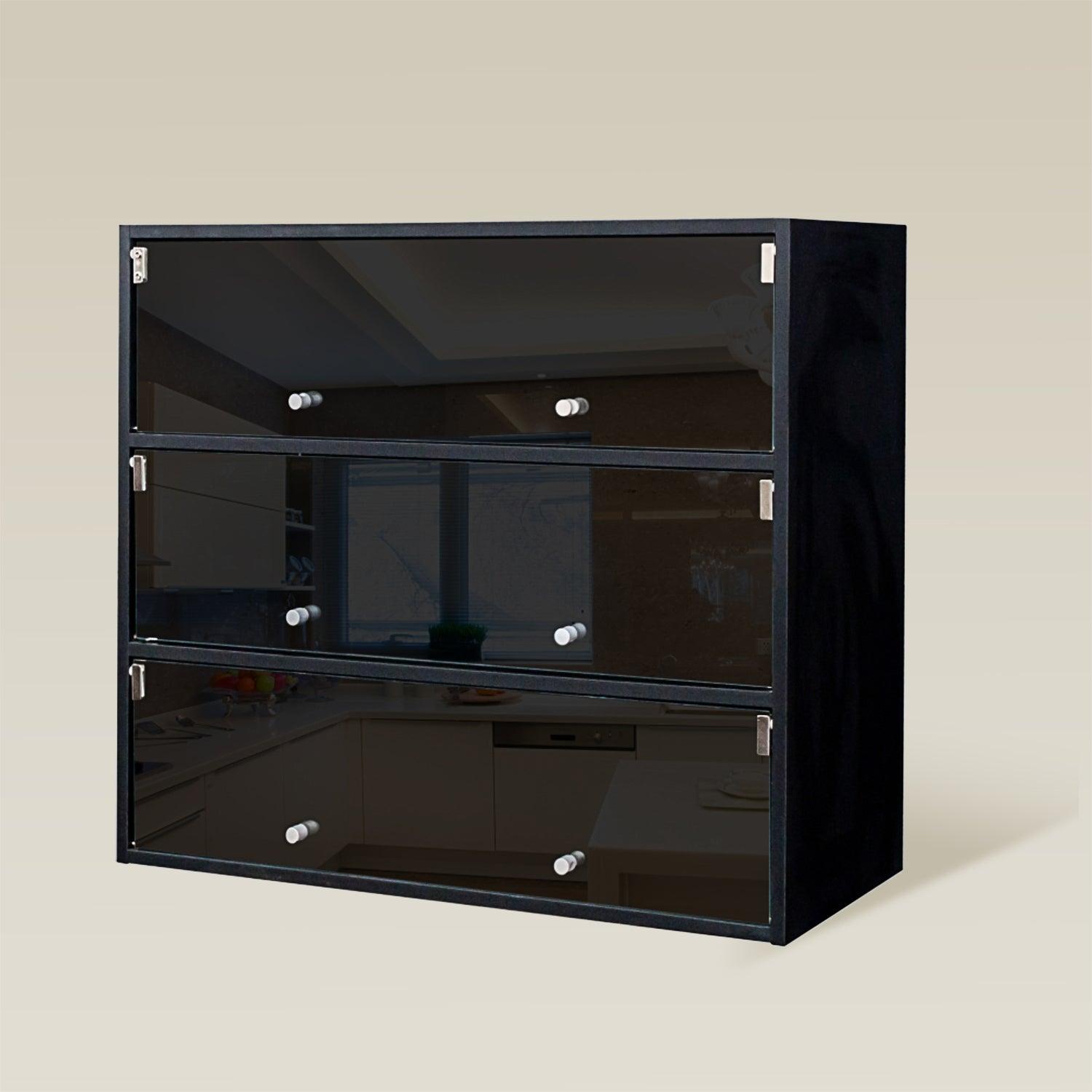 A black cabinet with glass doors

AI-generated content may be incorrect.