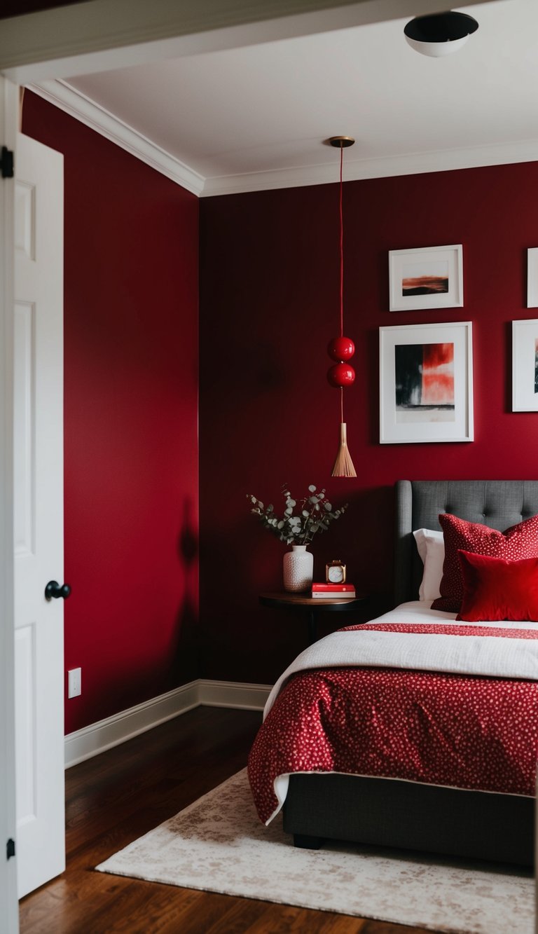 A cozy bedroom with a bold burgundy accent wall and red decor throughout