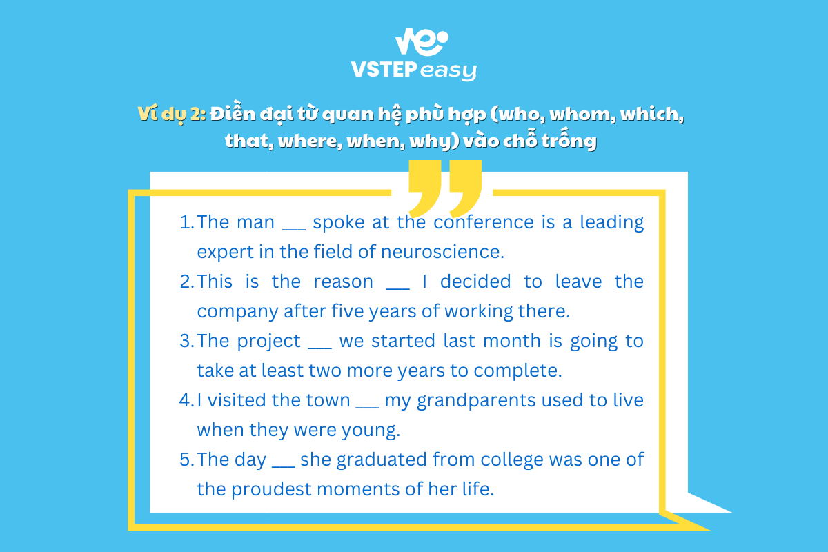 Ví dụ 2: Điền đại từ quan hệ phù hợp (who, whom, which, that, where, when, why) vào chỗ trống