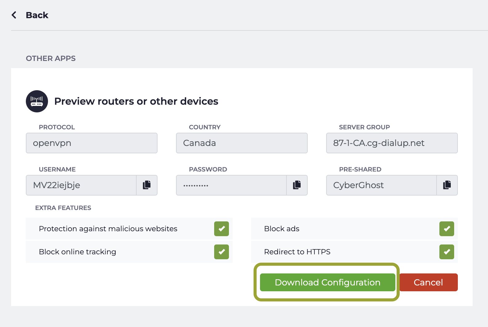 Interfaccia web di CyberGhost VPN che mostra le impostazioni di configurazione scelte per il router e il pulsante di download della configurazione