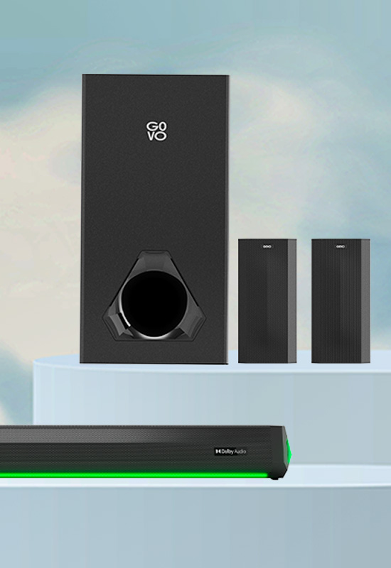 Gosurround 970 have soundbar with woofer and 2 satellite speakers dolby audio symbol