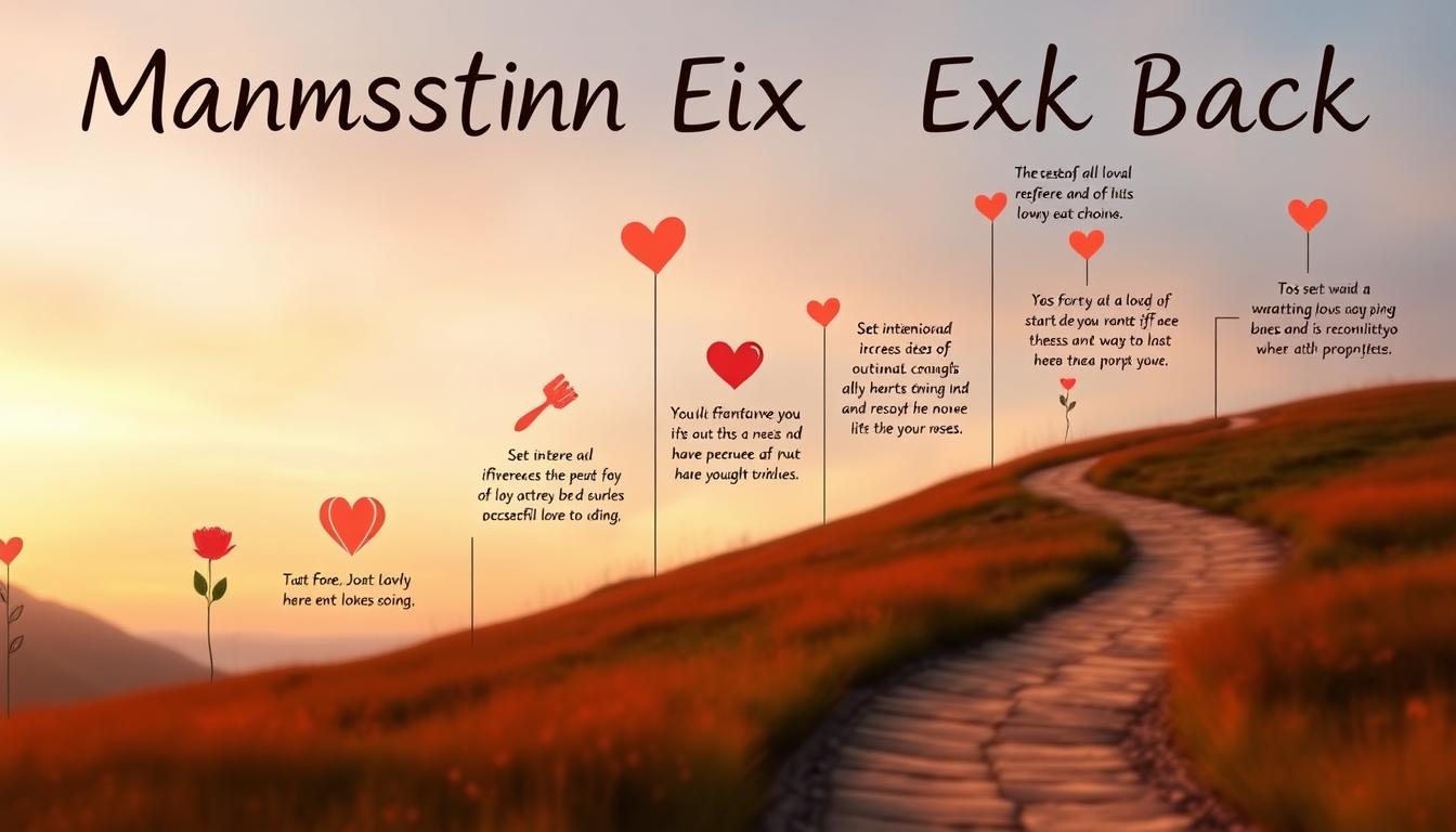 An image showcasing the various steps in the process of manifesting an ex back, from setting intentions and visualizing a positive outcome to being open to new opportunities and taking action towards reconciliation. Incorporate symbols of love, such as hearts or roses, and depict the journey as a winding path with positive affirmations and inspiring imagery along the way. Use warm, inviting colors to convey hope and optimism.