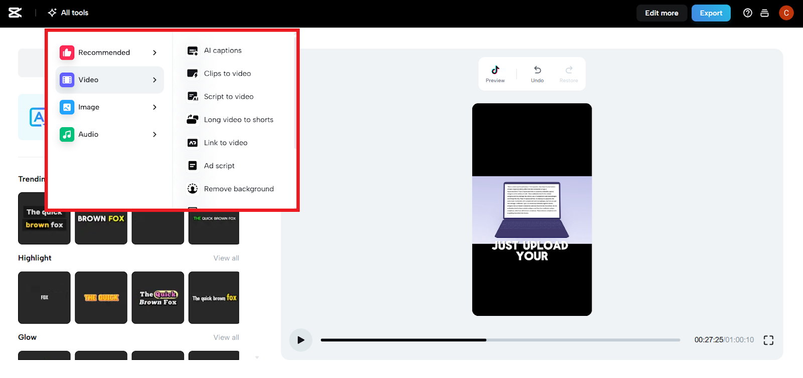 CapCut editing interface showing video preview and a menu of AI tools like captions, script-to-video, and background removal.