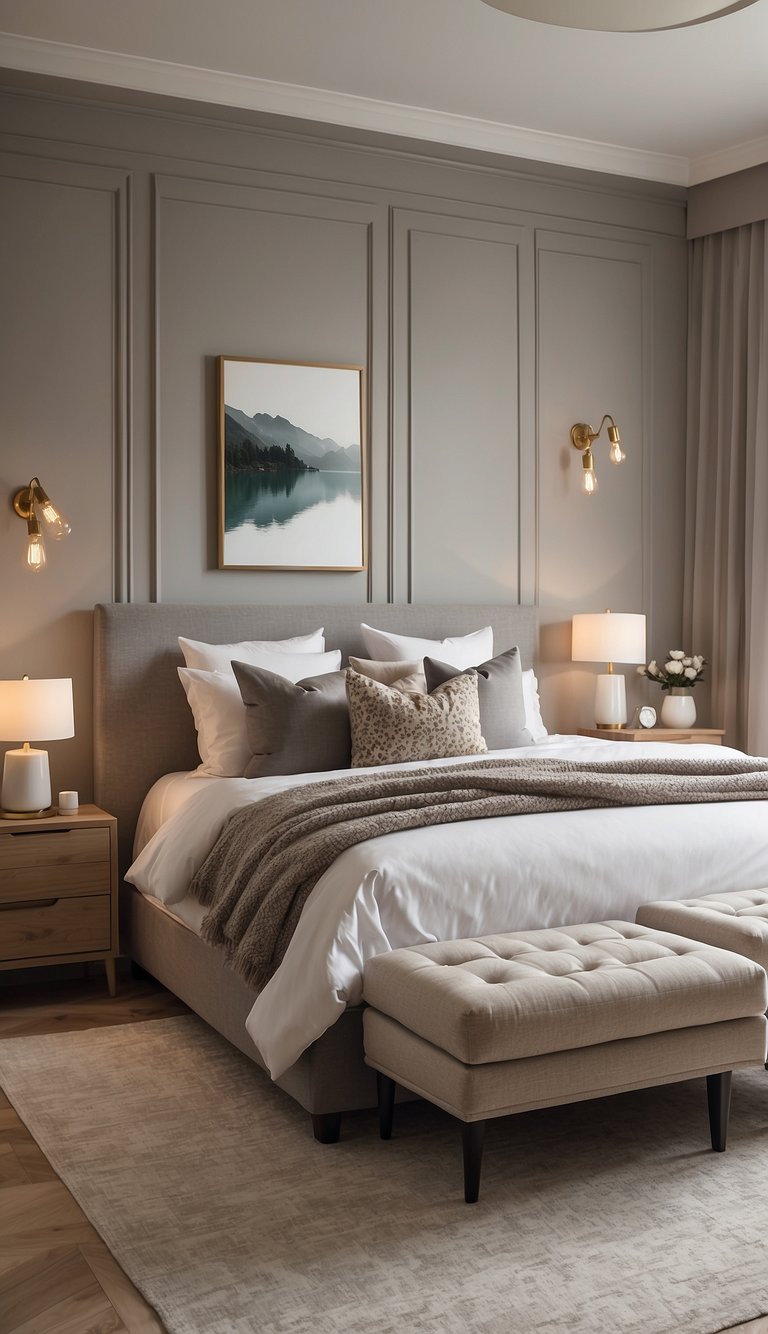 A serene bedroom with neutral tones, soft textures, and cozy lighting. Subtle pops of color in the decor add interest without overwhelming the peaceful atmosphere