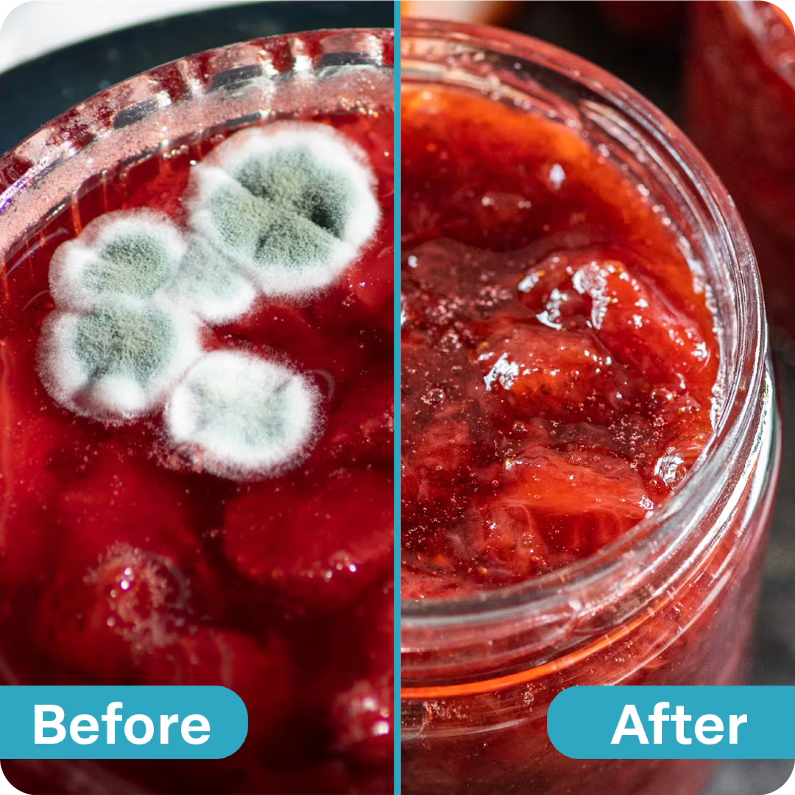 Before and after images of strawberry jam with mold and without mold.