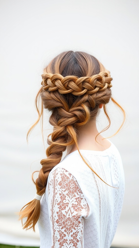 A woman with a braided crown hairstyle featuring loose ends and a long braid.