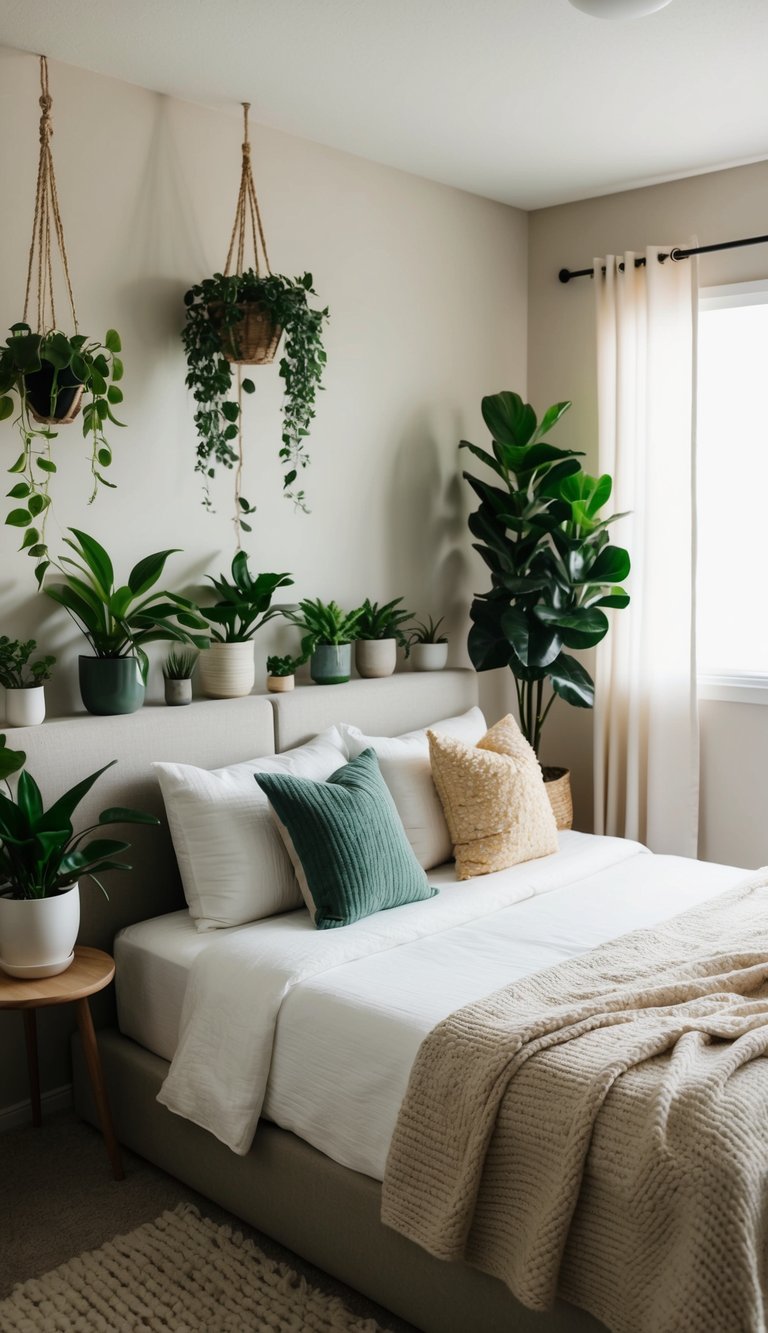 A cozy guest bedroom with a variety of houseplants placed strategically to add a touch of nature and freshness to the room