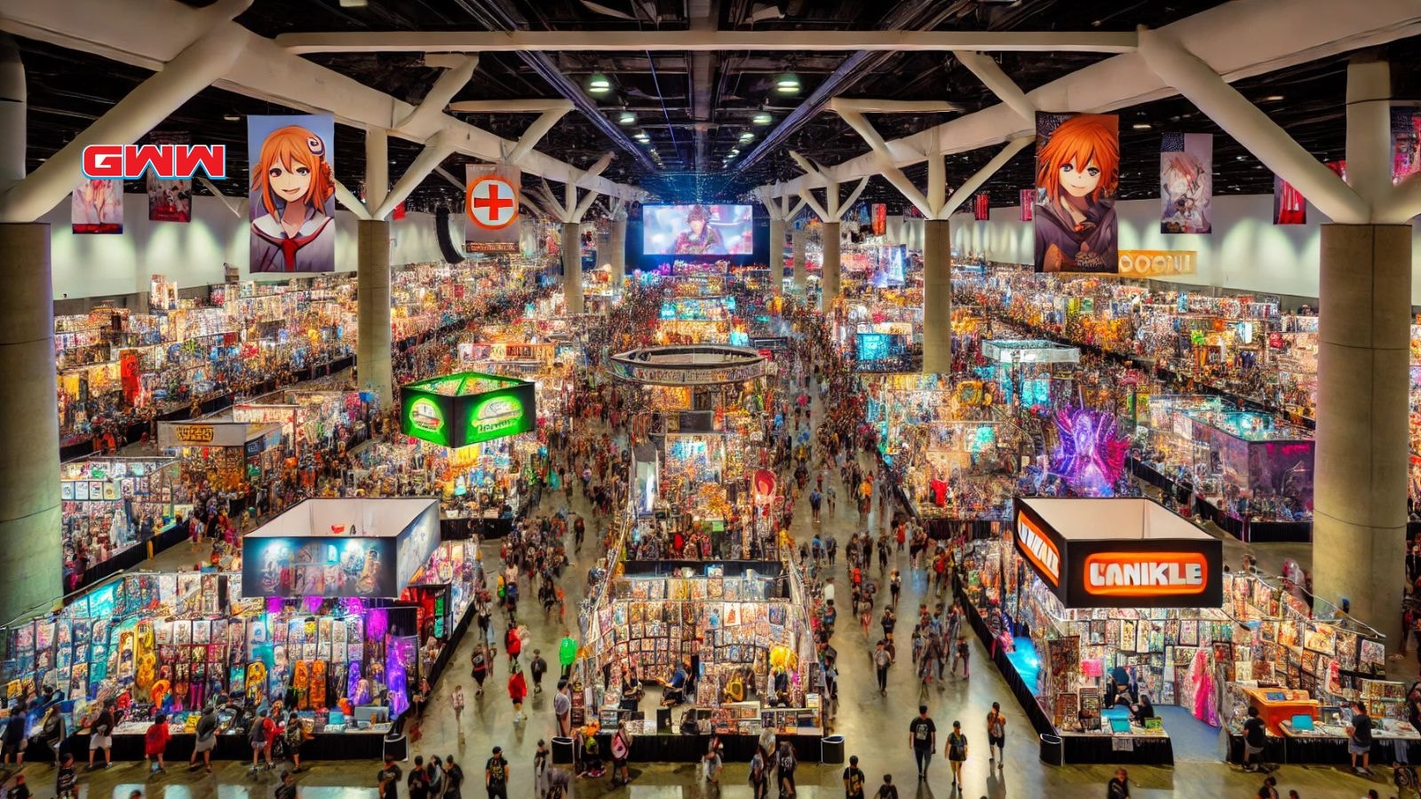 A bustling, massive anime convention scene in the United States, capturing the energy of one of the biggest anime events