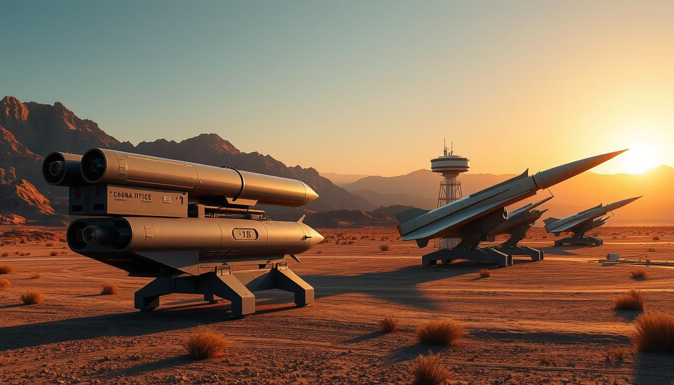 "Futuristic missile technology in a desert landscape, showcasing advanced surface-to-air missile systems with sleek designs, high-tech control panels, and radar installations, integrated into a background of arid mountains under a clear blue sky, illuminated by the setting sun."