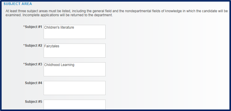 Subject Area section showing 5 available Subject Areas. At least 3 subject areas must be filled out.