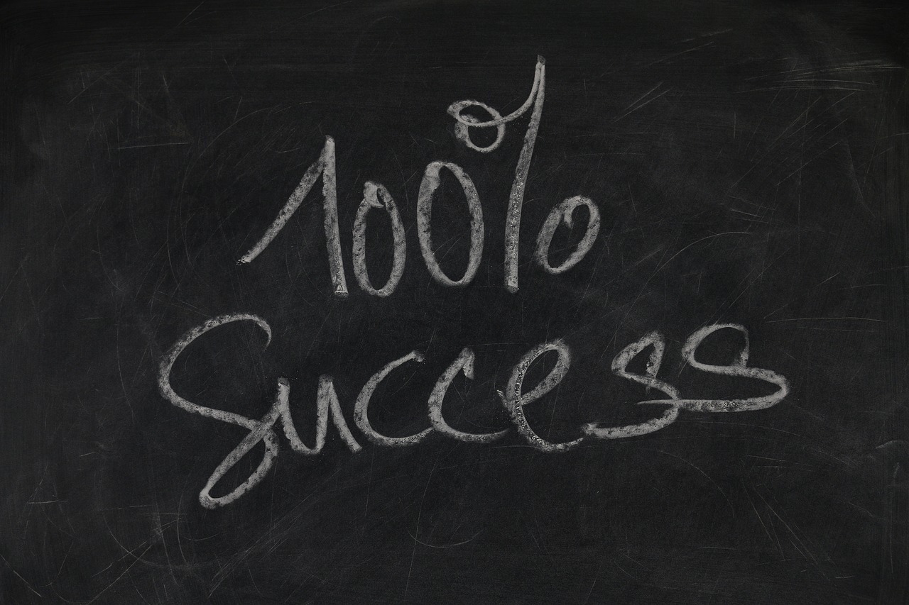 A black board with the word success written in white chalk. 