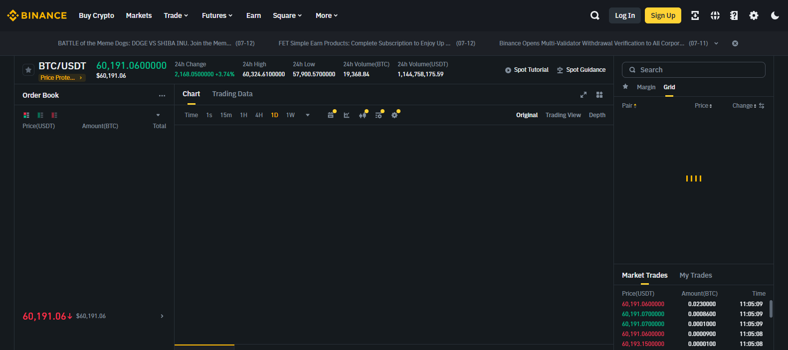 Binance trading interface showing BTC/USDT price and order book for margin trading with real-time market data.