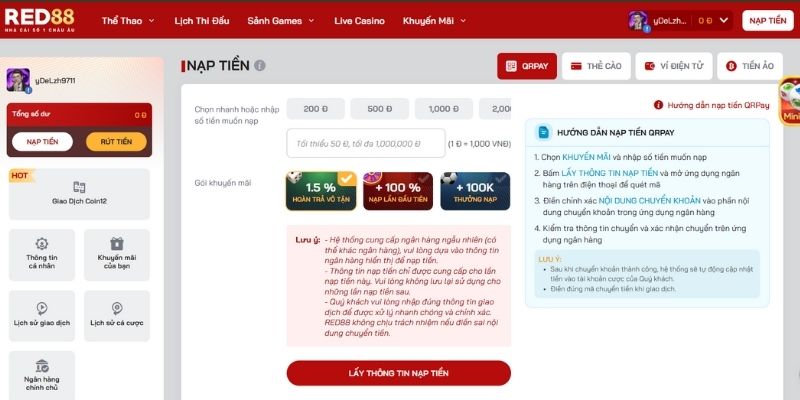 Hướng dẫn chi tiết quy trình nạp tiền RED88