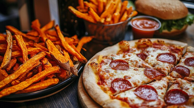 pizza and sweet potato fries