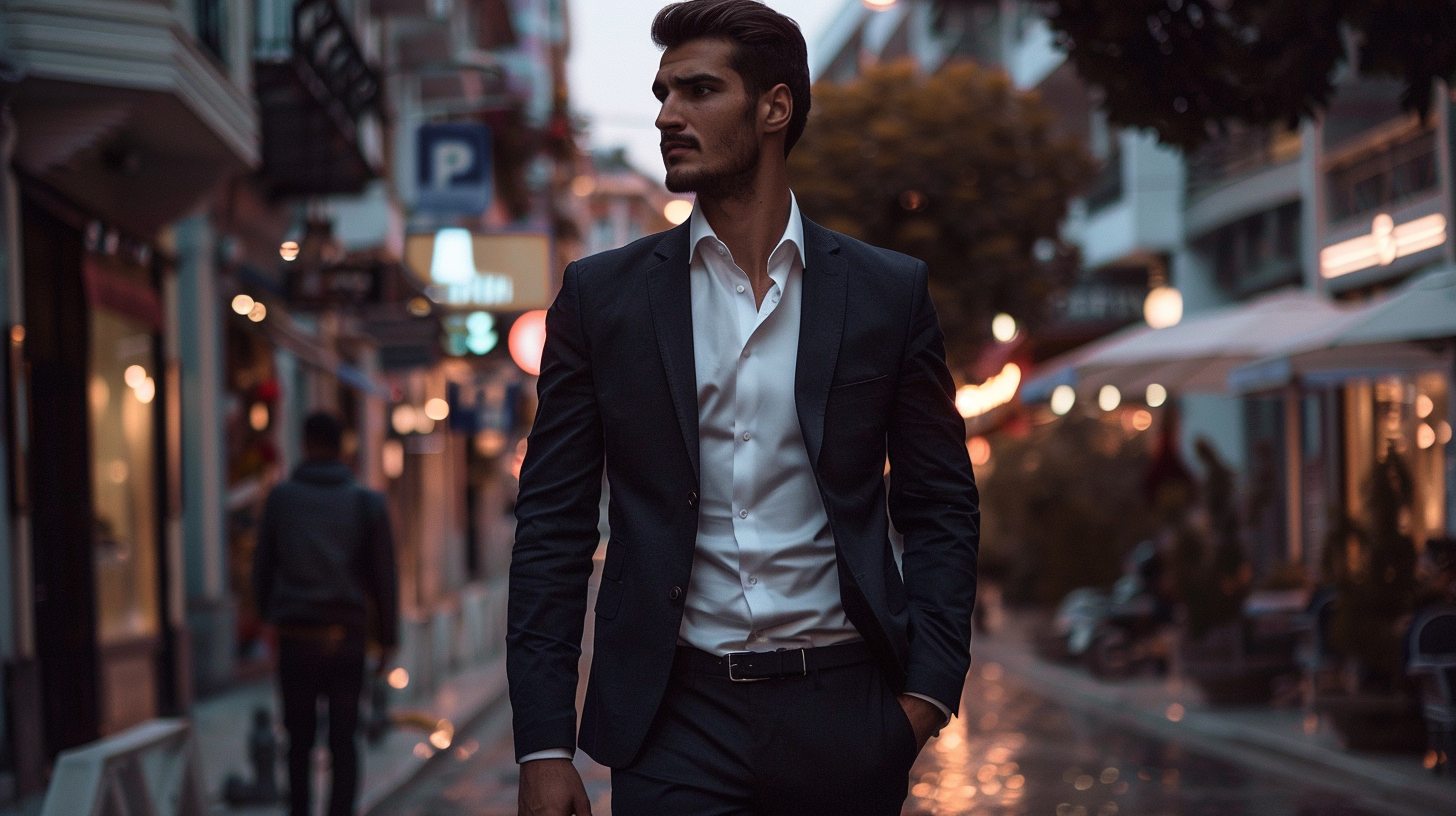 A man wearing a dark navy slim fit suit, tailored closely to the body, with narrow chest and tapered legs. He's standing confidently on a modern city street at dusk, sleek and stylish, perfect for formal or semi-formal events.