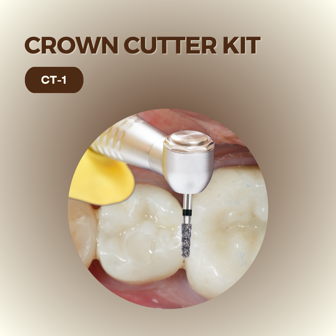 Mr. Bur Crown Cutter Kit for efficient crown removal, featuring hybrid and carbide burs with an instrument for safely cutting and separating zirconia, PFM, and e.max crowns.