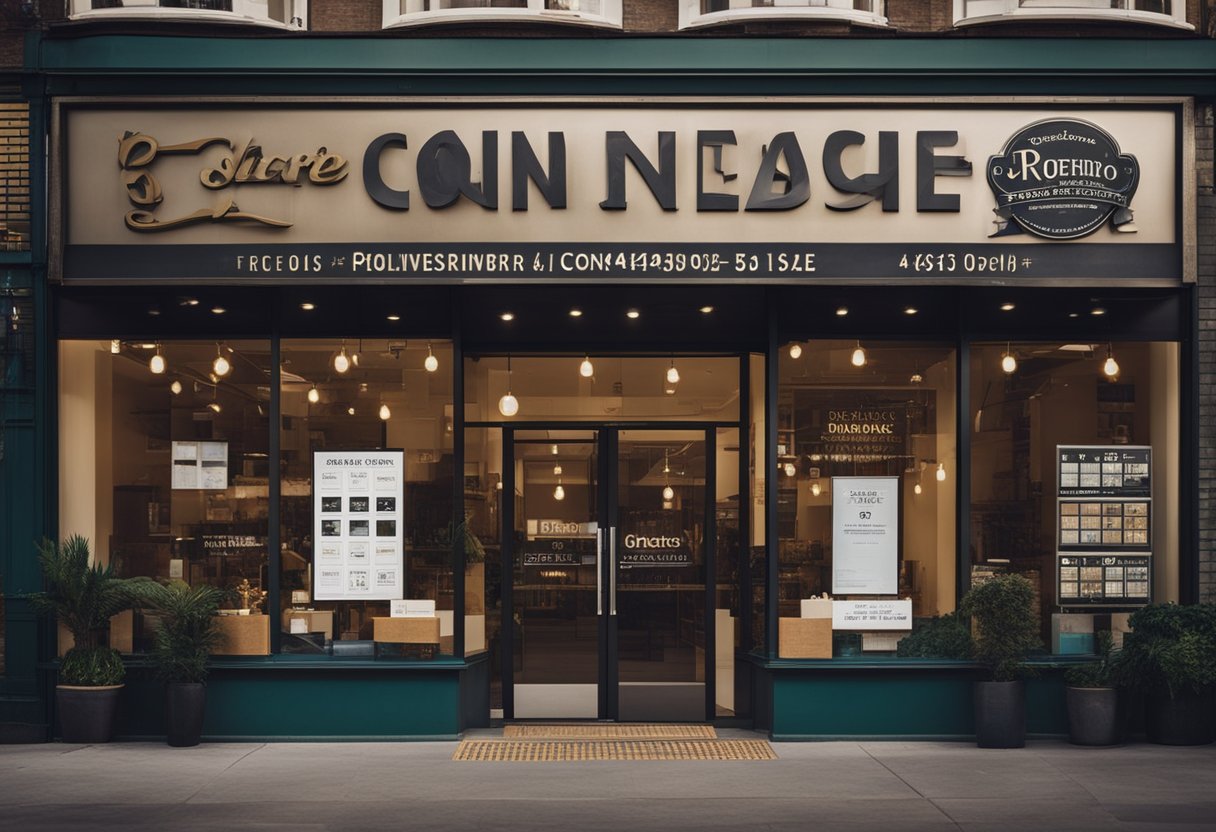 A storefront with a prominent sign displaying the business name and contact information, surrounded by other local businesses and landmarks