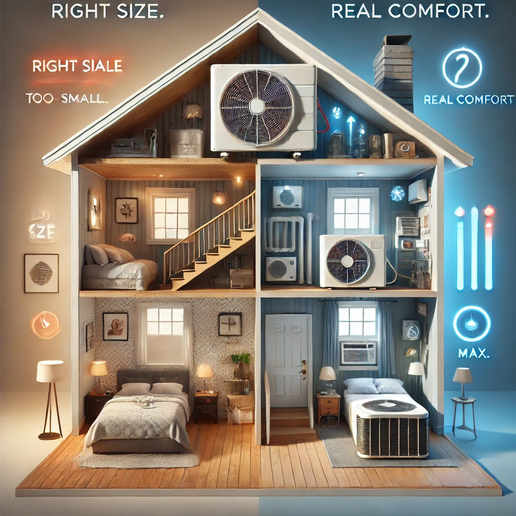 "Split-screen image showing effects of an oversized and undersized air conditioner in a modern home, highlighting inefficient cooling and discomfort with branding from The Furnace Outlet."
