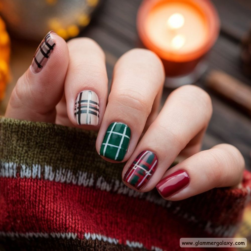 Thanksgiving Nail Designs having Plaid and Sweater-Textured Nails
