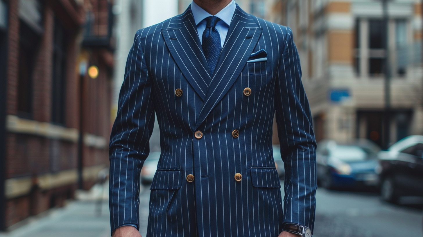 Man wearing a double-breasted suit with two rows of buttons, wide overlap, bold fashion-forward style, deep navy or pinstripe, upscale urban background