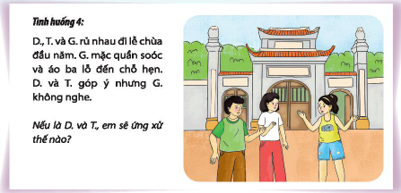 CHỦ ĐỀ 6. SỐNG HÒA HỢP TRONG CỘNG ĐỒNGTìm hiểu các hoạt động trong cộng đồng và những hành vi giao tiếp, ứng xử cần cóCâu 1: Kể tên các hoạt động trong cộng đồng mà em đã tham gia.Đáp án chuẩn:- Vệ sinh khu vực sống.- Sinh hoạt hè tại địa phương.- Tham gia lễ hội truyền thống.Câu 2: Chỉ ra những hành vi giao tiếp, ứng xử có văn hoá khi tham gia các hoạt động trng cộng đồng.Đáp án chuẩn:- Đúng giờ, tác phong nhanh nhẹn.- Mặc trang phục phù hợp với địa điểm và hoạt động.- Lễ phép với người lớn, thân thiện với trẻ nhỏ.- Không làm ồn ở nơi công cộng.- Tuân thủ các quy tắc chung tại nơi diễn ra hoạt động và nơi công cộng.Câu 3: Xác định các nguyên tắc khi tham gia hoạt động trong cộng đồng.Đáp án chuẩn:- Hiểu và tôn trọng văn hoá của cộng đồng.- Tuân thủ các quy định và tập quán của cộng đồng.- Thân thiện, cởi mở với mọi người.Câu 4: Chia sẻ về những cử chỉ, lời nói, thái độ em nhận được từ mọi người xung quanh khi em giao tiếp, ứng xử có văn hoá trong các hoạt động cộng đồng.Đáp án chuẩn:- Cử chỉ: tán dương, nhận được sự công nhận từ người khác.- Lời nói: khen ngợi, tuyên dương.- Thái độ: vui vẻ, thân thiện.Thực hiện những hành vi giao tiếp, ứng xử có văn hoá khi tham gia các hoạt động trong cộng đồngCâu 1: Thực hiện những hành vi sau khi tham gia các hoạt động cộng đồng:+ Nói, cười đủ nghe nơi công cộng.+ Xếp hàng trật tự nơi công cộng.+ Lựa chọn trang phục phù hợp nơi công cộng,+ Giữ gìn và bảo vệ cảnh quan nơi công cộng.+ Giúp đỡ và chia sẻ với mọi người.+ Lịch sự, vui vẻ trong giao tiếp.Đáp án chuẩn:HS tự thực hiện.Câu 2: Đóng vai thể hiện cách xử lí phù hợp trong các tình huống sau: Đáp án chuẩn:1. Nếu là N, em sẽ điều chỉnh âm nhạc để phù hợp vừa cho các bạn hát mà không làm phiền người nhà và hàng xóm.2. Nếu là B, em sẽ nhắc nhở người đó về việc xếp hàng đúng thứ tự và không chen ngang.3. Nếu là T, em sẽ khuyên S nhờ vào sự hỗ trợ của mọi người và cảnh báo nếu S không hợp tác thì có thể phải rời khỏi.4. Nếu là D và T, em sẽ yêu cầu G về nhà để thay đồ hoặc không cùng đi lễ chùa nữa.Câu 3: Chia sẻ cảm xúc của em khi đóng vai thể hiện hành vi giao tiếp, ứng xử có văn hóa trong các tình huống trên. Đáp án chuẩn:- Em cảm thấy cách giao tiếp và ứng xử có văn hóa rất quan trọng để duy trì sự vui vẻ, tích cực và lối sống văn minh trong cuộc sống.Thể hiện tôn trọng sự khác biệt trong cộng đồngCâu 1: Đưa ra cách ứng xử của em thể hiện tôn trọng và chấp nhận sự khác biệt trong các trường hợp sau: Đáp án chuẩn:1. Em sẽ yêu cầu bạn nói lại một lần nữa vì em chưa nghe rõ.2. Em sẽ yêu cầu mọi người ngừng bàn tán và lại gần để trò chuyện với người mặc trang phục lạ, để họ không cảm thấy bị phân biệt.Câu 2: Chia sẻ cảm nhận của em khi thực hiện tôn trọng sự khác biệt. Đáp án chuẩn:Cảm nhận của em khi tôn trọng sự khác biệt là vui vẻ và tự hào vì đã ứng xử một cách văn minh và lịch sự.Thể hiện sự không đồng tình với những hành vi, thái độ kì thị giới tính, dân tộc, địa vị xã hộiCâu 1: Xây dựng nội dung cho bài thuyết trình thể hiện sự không đồng tình với những hành vi, thái độ kì thị giới tính, dân tộc và địa vị xã hội. Đáp án chuẩn:Kì thị giới tính, dân tộc, địa vị xã hội hiện nay có biểu hiện như trọng nam khinh nữ, miệt thị đồng tính, chế nhạo người dân tộc thiểu số, và phân biệt xã hội giữa người giàu và người nghèo.Câu 2: Thuyết trình trước lớp thể hiện sự không đồng tình với những hành vi, thái độ kì thị giới tính, dân tộc và địa vị xã hội. Đáp án chuẩn:Phân biệt chủng tộc đã và đang là một thách thức lớn đối với nhân loại. Nguyên nhân của hiện tượng này xuất phát từ sự thiếu tôn trọng, đồng cảm và sẻ chia giữa con người với con người. Từ sự khinh bỉ của một số người da trắng đối với cộng đồng gốc Phi đến sự dè chừng của phương Tây đối với người Hồi giáo, chúng ta có thể thấy nguyên nhân này phổ biến khắp nơi. Hậu quả của phân biệt chủng tộc là rất khủng khiếp, ảnh hưởng đến cả an ninh và hòa bình trong các quốc gia, thậm chí ở Mỹ - một quốc gia nổi tiếng với nền dân chủ, vẫn còn những dấu hiệu của nó. Câu 3: Sử dụng bài thuyết trình để tuyên truyền, vận động mọi người thể hiện sự tôn trọng và chấp nhận sự khác biệt, tránh kì thị về giới tính, dân tộc và địa vị xã hội.Đáp án chuẩn:HS tự thực hiện.Giới thiệu truyền thống tự hào của địa phươngCâu 1: Lựa chọn và tạo sản phẩm giới thiệu về truyền thống tự hào của địa phương em. Đáp án chuẩn:Câu 2: Dùng sản phẩm đã tạo để giới thiệu về những truyền thống tự hào của địa phương em trước thầy cô và các bạn. Đáp án chuẩn:Học sinh tự thực hiện.Câu 3: Chia sẻ cảm xúc và bài học em rút ra sau khi tham gia và vận động mọi người cùng tham gia các hoạt động đó. Đáp án chuẩn:+ Vui vẻ, hạnh phúc khi giúp đỡ mọi người.+ Mong muốn tham gia và chia sẻ nhiều hơn.+ Yêu thích hoạt động thiện nguyện.Giới thiệu truyền thống tự hào của địa phươngCâu 1:  Lựa chọn và tạo sản phẩm giới thiệu về truyền thống tự hào của địa phương em.Đáp án chuẩn:Truyền thống ở địa phương em là tương thân tương ái, một giá trị đáng tự hào của dân tộc ta. Trong đời sống xã hội, với những biến động thất thường của cuộc sống, lòng tương thân tương ái giúp xây dựng sự đoàn kết và hỗ trợ trong xã hội. Đây là phẩm chất nhân ái cần thiết để xây dựng một xã hội bình đẳng, thân ái và hòa bình. Tinh thần này đã giúp dân tộc vượt qua nhiều thử thách, bảo vệ độc lập và sự sống còn của đất nước trong suốt lịch sử. Câu 2: Dùng sản phẩm đã tạo để giới thiệu về những truyền thống tự hào của địa phương em trước thầy cô và các bạn.Đáp án chuẩn:HS tự thực hiện.Thực hiện nếp sống văn minh và tham gia các hoạt động thiện nguyện tại nơi cư trú 