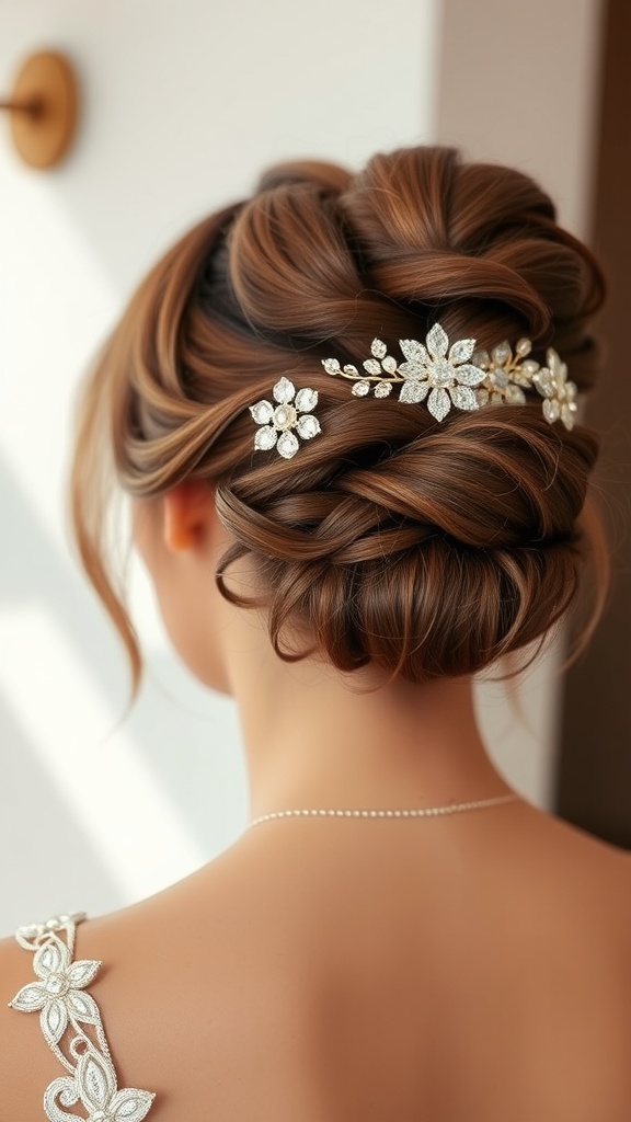 A close-up of a woman's elegant chignon hairstyle adorned with floral accessories.