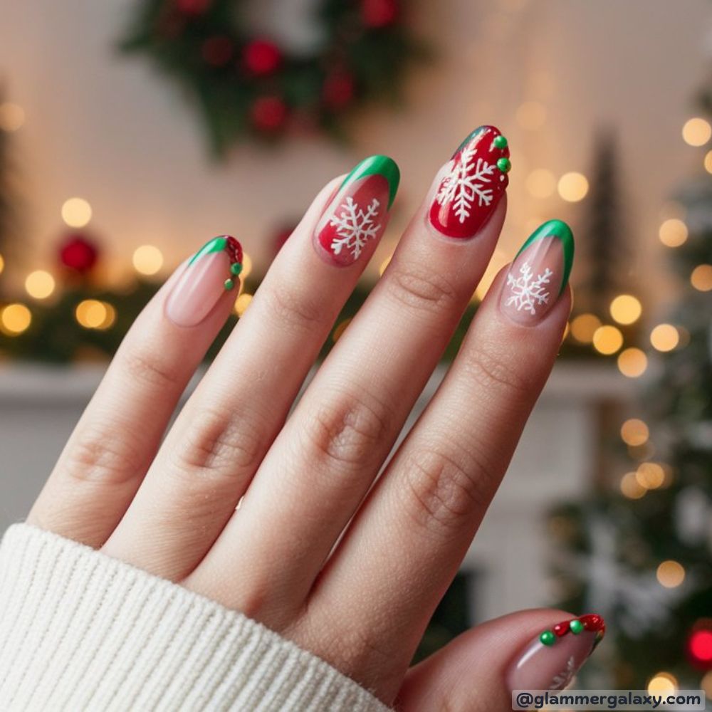 French Tip Christmas Nails having Festive Red Designs
