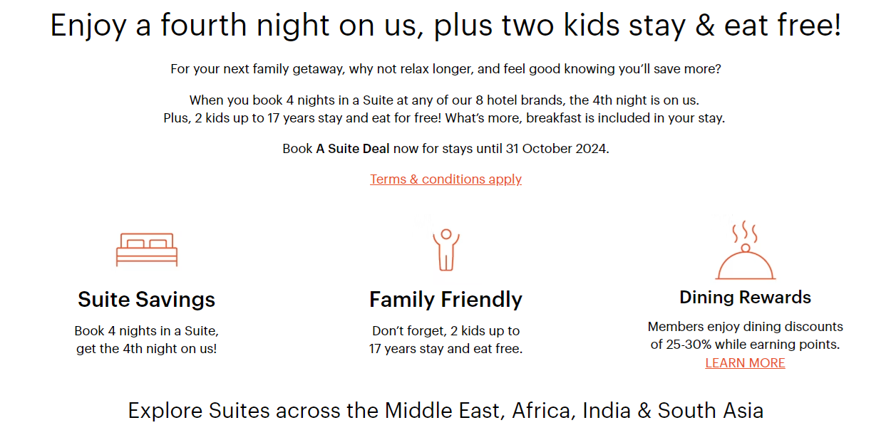 For every four consecutive nights booked at participating hotels, the fourth night is free.