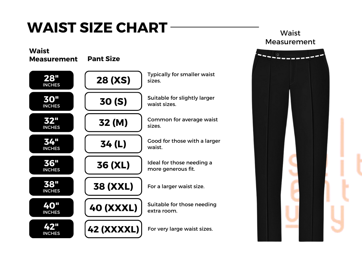 A chart titled "Find Your Waist Size," displaying a range of waist measurements with corresponding size categories. The chart uses clear, easy-to-read fonts and includes measurement units in inches and centimeters, helping users identify their correct waist size for clothing. The design is simple and informative, guiding viewers to find the appropriate size based on their waist measurements.