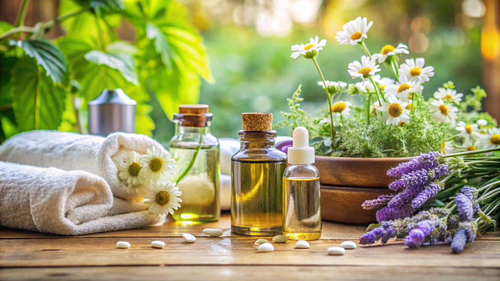 Frascos de óleos essenciais de lavanda, camomila e eucalipto ao lado de plantas.