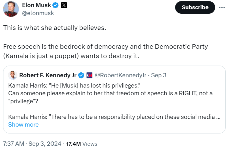 This is what she actually believes. Free speech is the bedrock of democracy, and the Democratic Party (Kamala is just a puppet) wants to destroy it.”