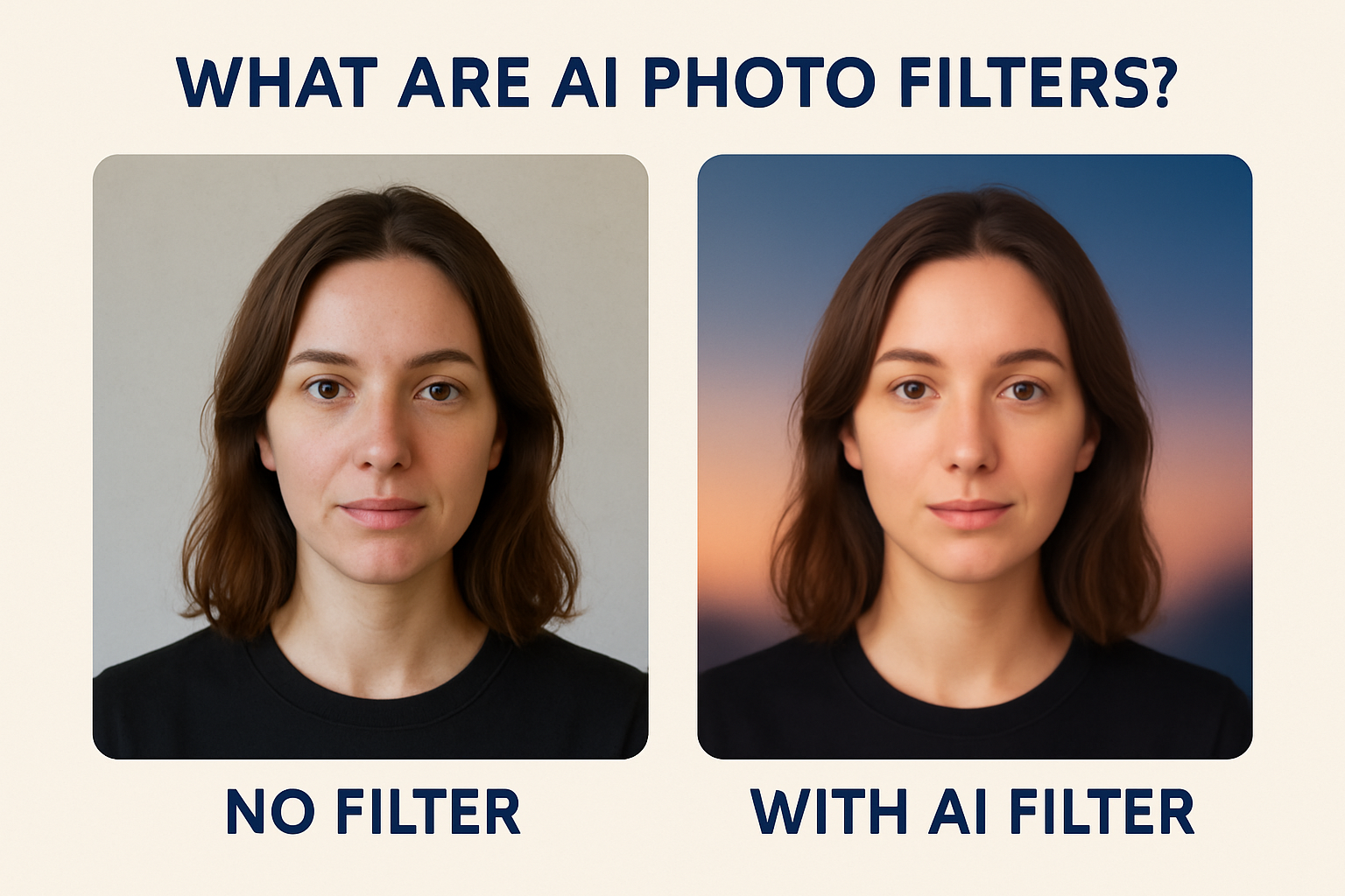 Woman photo showing no filter and with AI filter 