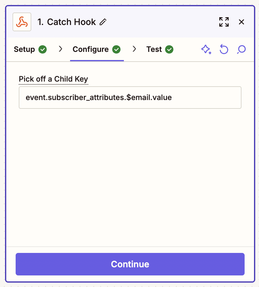 Screenshot of the catch hook configuration in Zapier