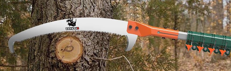 A long-handled garden pruner used for trimming high branches and hard-to-reach areas besid closed to a tree depicting the use of long pruners to prune. It is one of the pruning tools you can use for a cut