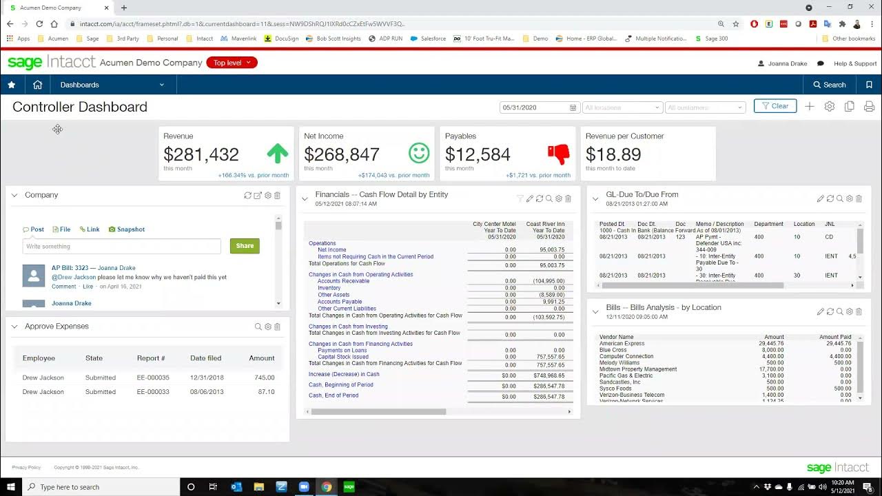 UI of Sage Intacct's controller dashboard, including revenue, net income, and payables.