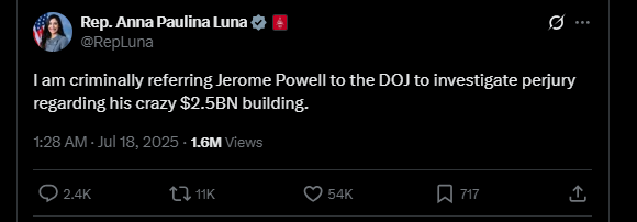 LUNA Accuses FED Chair POWELL OF Perjury Over .5B Headquarters